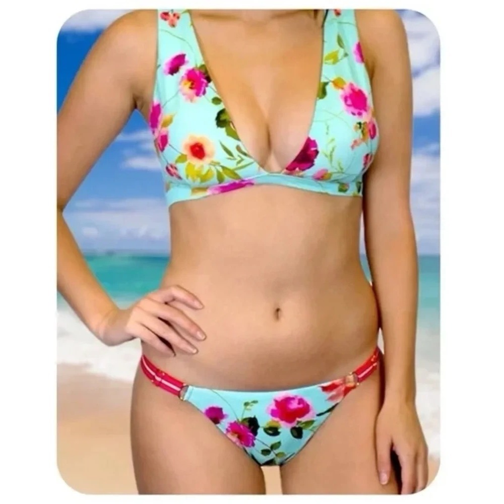 NWT Nanette Lepore Alana Bikini Set Womens 10 Blue Floral Strappy Swim Two Piece